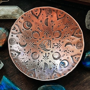 Celestial Moon Star Decor Copper Bowl Hand Stamped Altar Bowl Trinket Dish Ring Dish Offering Bowl Ritual Bowl Smudge Bowl Incense Dish