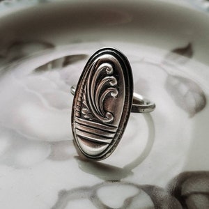 Art Nouveau Sterling Silver Long Oval Ring Scroll Ring Fan Ring