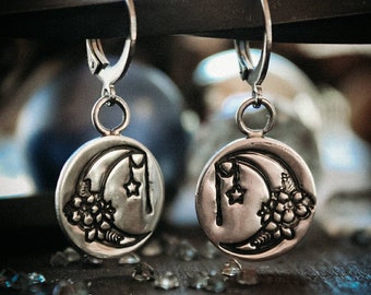 Mystical Moon Earrings Moon And Star Earrings Flower Crescent Moon Earrings Sterling Silver Moon Earrings Stamped Earrings