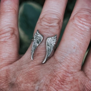 May include: A silver ring with two wings on the band. The wings are detailed and textured.