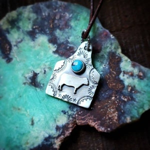 Cow Tag Necklace Cattle Tag Necklace Charm Pendant Cow Tag Silver and Turquoise Necklace Cowgirl Necklace Cow Tag Jewelry Ear Tag Necklace