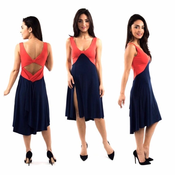 navy blue and coral dress