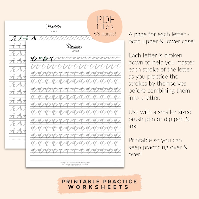 Violet Calligraphy Handwriting Worksheets: Modern Brush Lettering (PDF ...