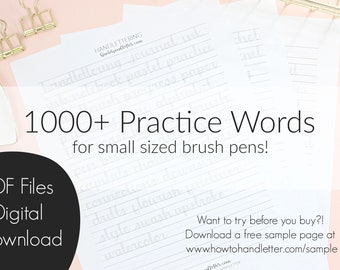 1000+ Practice Words for Smaller Sized Brush Pens | How to Handletter Worksheets