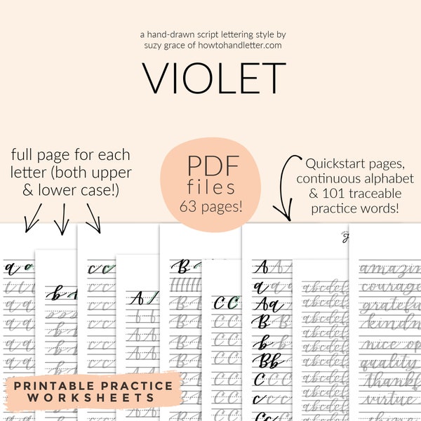 THE VIOLET: Printable Handwriting Worksheets (PDF File Only) From How To Handletter | Brush Modern Calligraphy Handwriting Style