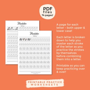 May include: Two printable handwriting practice worksheets for the letter "A" in uppercase and lowercase. The worksheets feature a cursive font and are titled "Handletter Daisy". The text "PDF files 74 pages!" is in a circle at the top of the image. The text "A page for each letter - both upper & lower case!" is on the right side of the image. The text "Each letter is broken down to help you master each stroke of the letter as you practice the strokes by themselves before combining them into a letter." is on the right side of the image. The text "Printable so you can keep practicing over & over!" is on the right side of the image. The text "PRINTABLE PRACTICE WORKSHEETS" is at the bottom of the image.