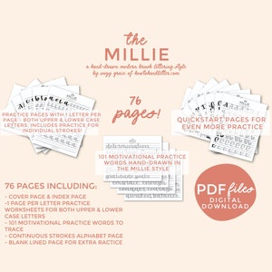 以下が含まれることがあります： 「The Millie」ブラシレタリングワークブックのデジタルダウンロード。ワークブックには、文字練習、モチベーションワード、アルファベットページなど、76ページの練習シートが含まれています。デザインはモダンなブラシレタリングスタイルです。