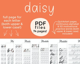 Pode incluir: Um download digital de 74 páginas PDF imprimíveis para praticar caligrafia. As páginas apresentam a palavra "daisy" em uma fonte de escrita à mão, e cada página inclui uma letra diferente do alfabeto em maiúsculas e minúsculas. As páginas são projetadas para ajudar os usuários a melhorar suas habilidades de caligrafia.