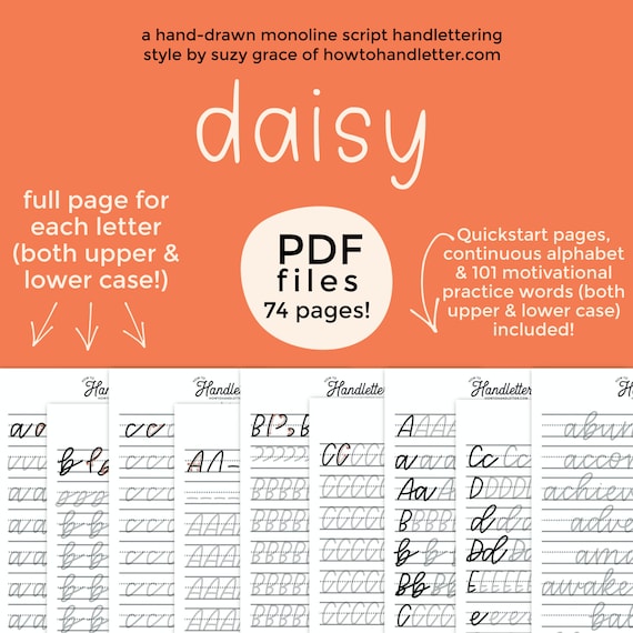 Monoline Script Handlettering Worksheets Larger Sized THE DAISY | Printable Handlettering Worksheets (PDF File Only) by How To Handletter