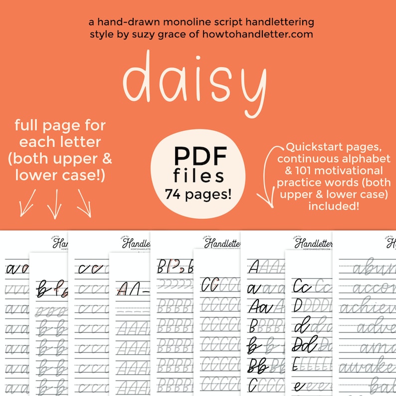 May include: A digital download of 74 printable PDF pages for practising handwriting. The pages feature the word "daisy" in a handwritten font, and each page includes a different letter of the alphabet in upper and lowercase. The pages are designed to help users improve their handwriting skills.