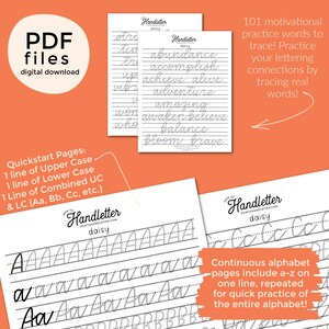 May include: Printable worksheet for practising handwriting. The worksheet features a cursive alphabet, a line of uppercase letters, a line of lowercase letters, and a line of combined uppercase and lowercase letters. The worksheet also includes 101 motivational words to trace.