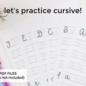 May include: A set of printable cursive handwriting practice worksheets for the letters A, B, C, D, E, F, and J. The worksheets have dotted lines to help guide the user in writing the letters.