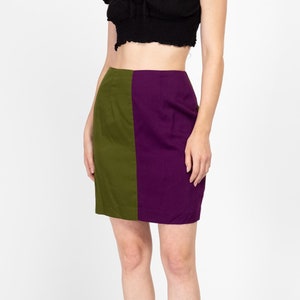 Medium 90s Green & Purple Color Block Mini Skirt | Vintage Two Tone High Waisted Pencil Miniskirt