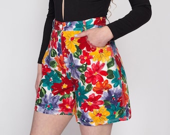 Medium 90s Colorful Floral High Waisted Shorts 29&quot; | Vintage Flat Front Cotton Shorts