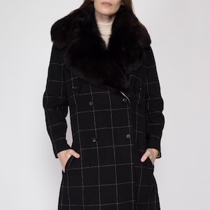 Sm-Med 70s Galanos Designer Wool Fur Collar Overcoat | Vintage Grid Pattern Double Breasted Winter Blanket Jacket