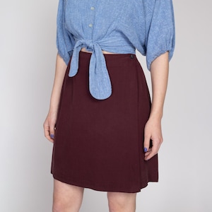 90s Maroon Silk Wrap Skirt - Medium, 29.5" | Vintage High Waisted Minimalist Mini Skirt