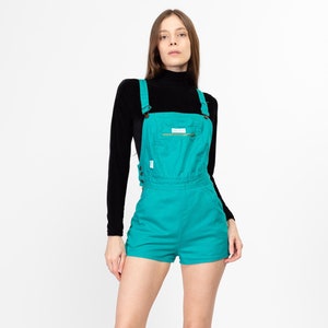 70s Chemin De Fer Teal Overall Shorts - Petite XS to S | Retro Vintage Cotton Romper Shortalls