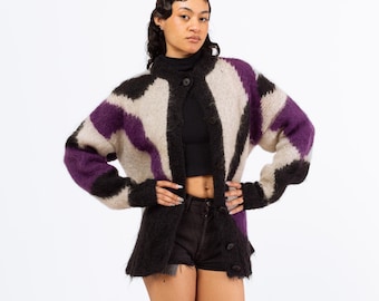Vintage 80s Mohair Abstract Color Block Knit Cardigan - Extra Large | Button Up Long Oversize Sweater
