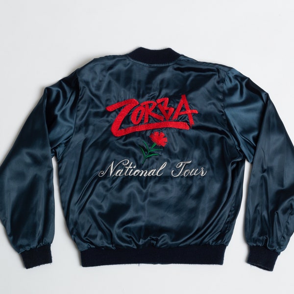 80s Zorba National Tour Navy Blue Satin Jacket Men's Medium, Women's Large | Vintage Embroidered Snap Button Varsity Bomber Windbreaker