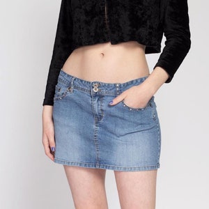 Medium 90s Y2K Bejeweled Denim Mini Skirt | Vintage Low Waist Embroidered Pocket Jean Skirt