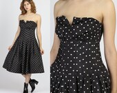 80s Victor Costa Polka Dot Party Dress - Medium Vintage Black White Strapless Fit Flare Midi