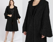 50s 60s Persian Lamb Fur Swing Coat - Large Vintage Black Collared Retro Long Winter Jacket