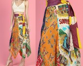Vintage Silk Scarf Boho Midi Skirt - Extra Small 70s Souvenir Butterfly Print Distressed Sarong