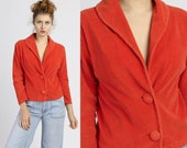70s Velour Button Top - Small Vintage Orange Cropped Collared Shirt