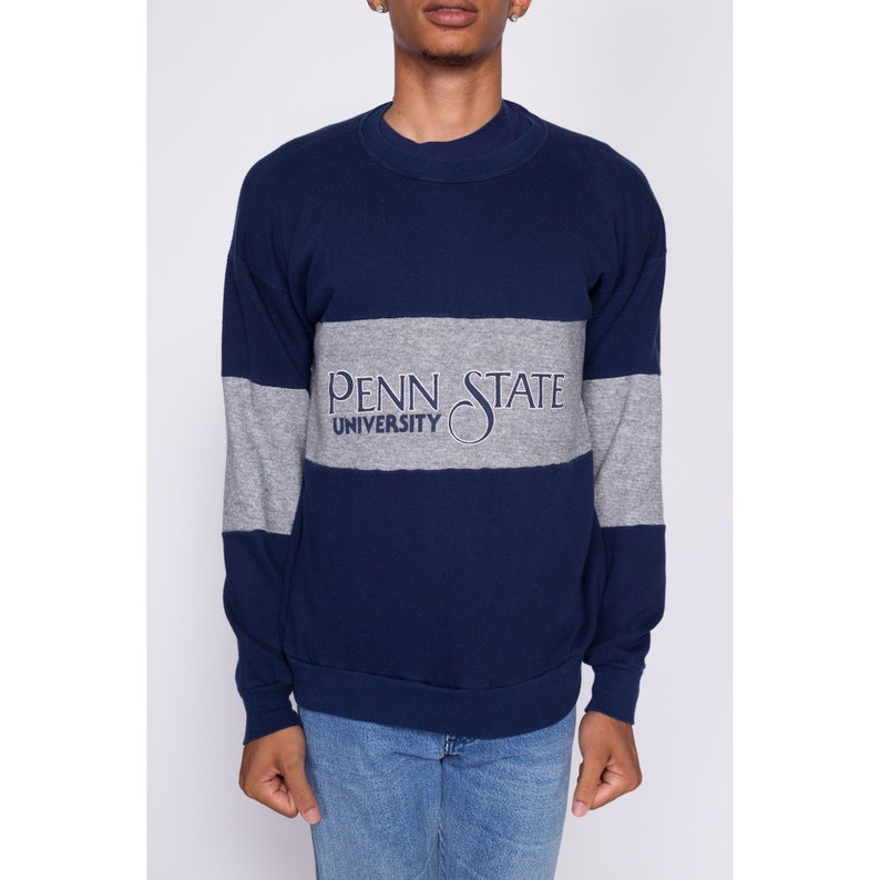 Large 80s Penn State University Sweatshirt Vintage Navy Blue Color Block Striped Collegiate Pullover image 3