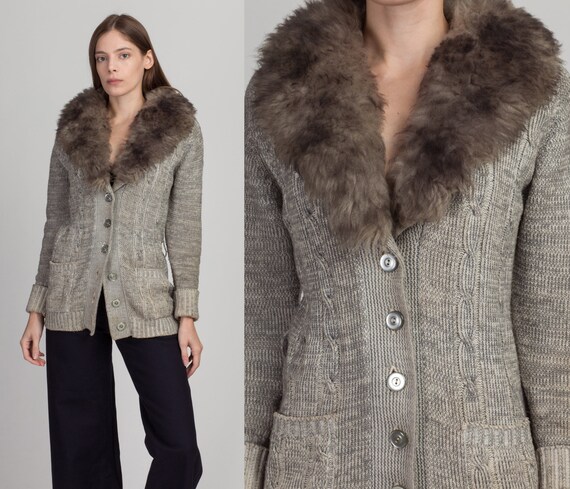 60s 70s Faux Fur Collar Cardigan Small 