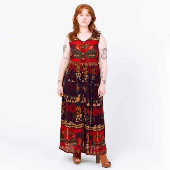 90s boho dress Vintage 90s Boho Elephant & Bird Print Maxi Sundress - Medium