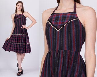 70s Plaid Tiered Halter Midi Dress Petite Small | Vintage Rockabilly Sundress Metallic Stripe Backless Retro Fit & Flare