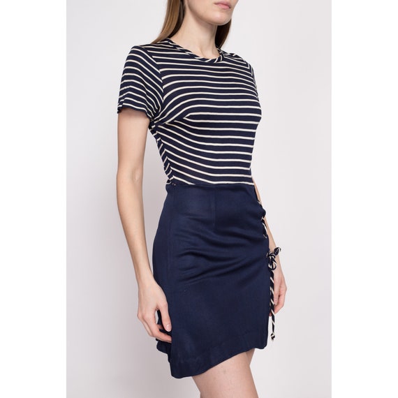 Small 60s 70s Nautical Striped High Slit Dress | … - image 3