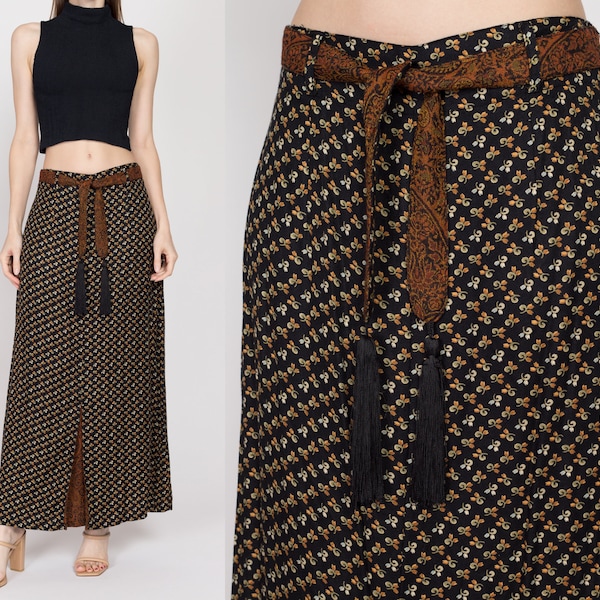 Sm-Med 90s April Cornell Black Floral Tassel Belt Maxi Skirt 28" | Vintage High Waisted A Line Boho Long Rayon Skirt