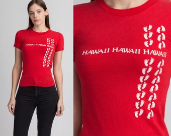 XXS 80s Hawaii Footprint T Shirt | Vintage Red Graphic Fitted Travel Tee