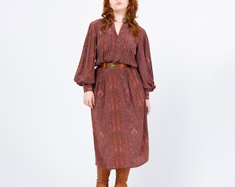 Vintage 90s Silk Paisley Balloon Sleeve Shirtdress - Medium | Dusty Rose Button Up Collared Pleated Midi Dress