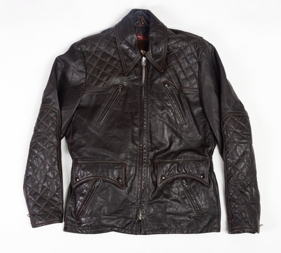 Medium 60s Cycle Rider Brown Quilted Leather Coat… - image 3