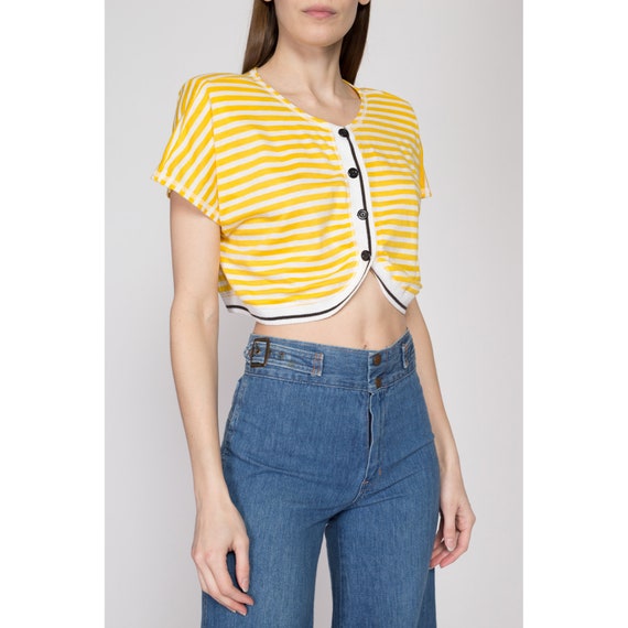 Large 80s Yellow Striped Button Up Crop Top | Ret… - image 3