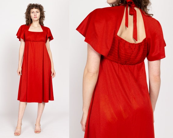 Large 70s Rust Red Capelet Keyhole Back Midi Dres… - image 1