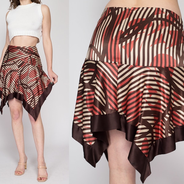 Small 90s Y2K Bebe Silk Striped Fairy Skirt | Vintage Boho Brown Hanky Scarf Hem Low Rise Slip Skirt