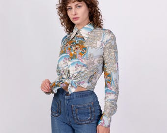Medium 70s Psychedelic Bird Print Disco Shirt Men's | Vintage Long Sleeve Collared Button Up Novelty Shirt