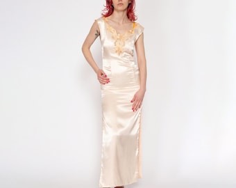 XS 90s Does 30s Baby Pink Satin Maxi Dress | Vintage Eyelet Trim Cap Sleeve Slinky Slip Qipao Gown
