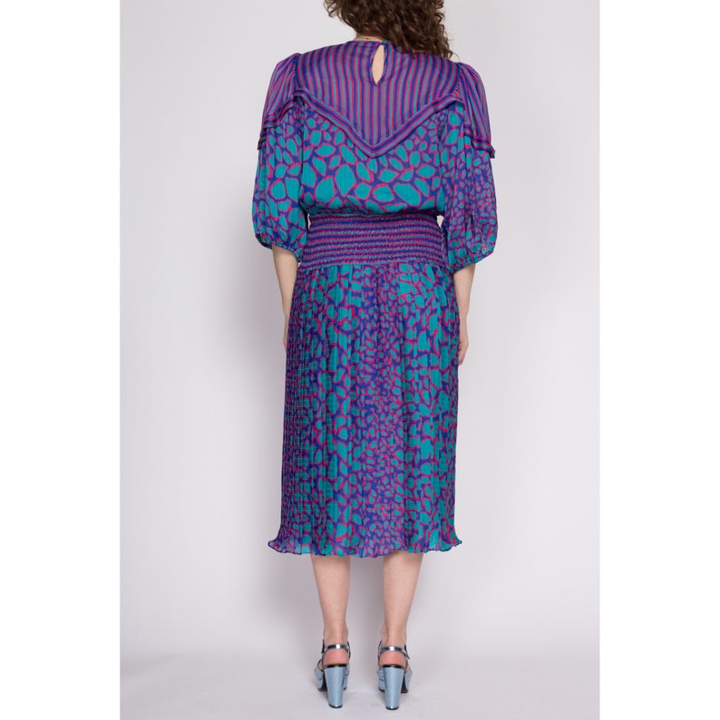 Small 80s Susan Freis Boho Designer Dress Vintage Purple Blue Georgette Balloon Sleeve Striped Midi Dress image 5
