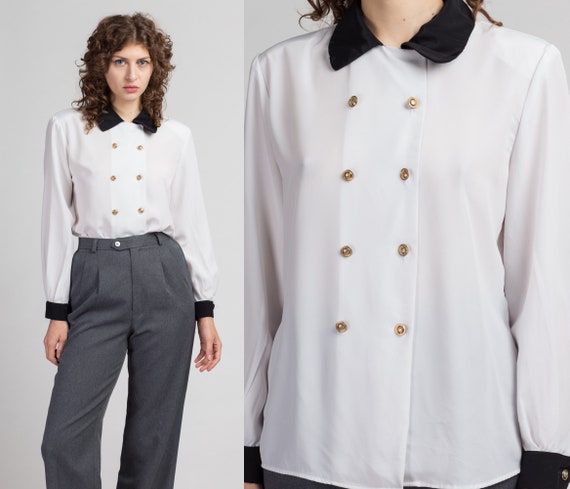 80s White Double Breasted Blouse - Large | Vintage