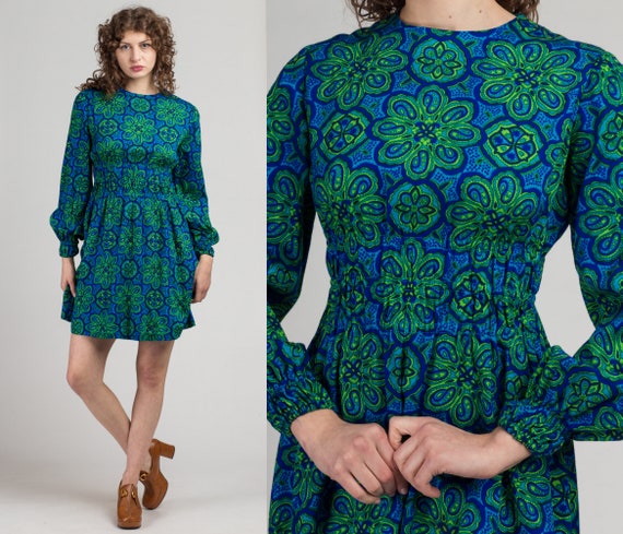 60s 70s Floral Balloon Sleeve Mini Dress - Small t