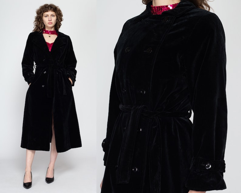 Medium 70s I. Magnin Black Velvet Maxi Trench Coat Vintage Gothic Belted Double Breasted Long Duster Jacket image 1