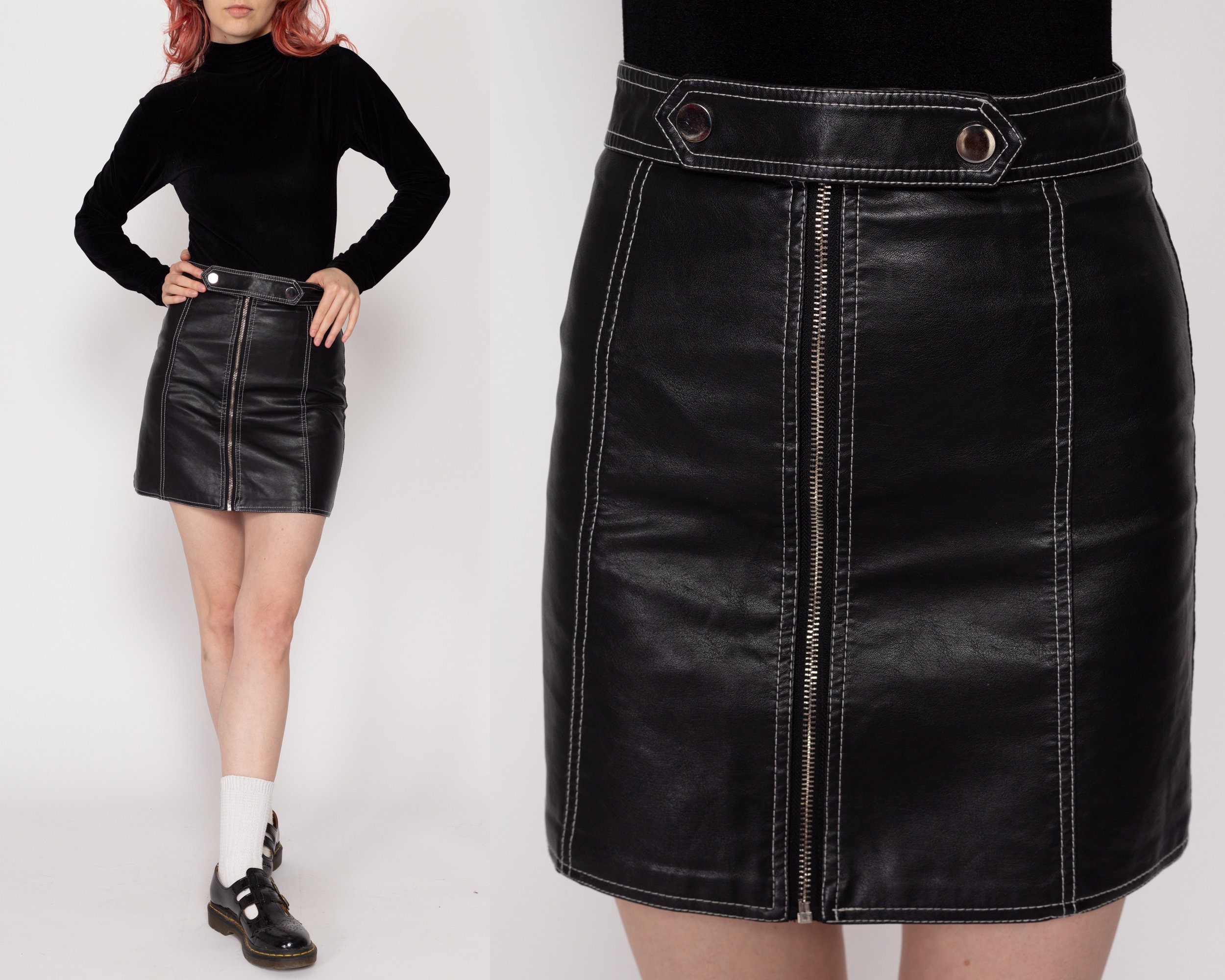 XXS-XS 90s Black Leather Zip up Leather Mini Skirt | Vintage