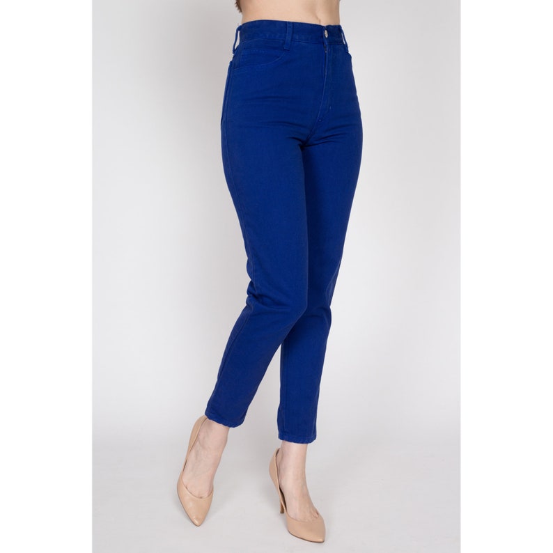 XS 90s Royal Blue High Waisted Jeans 24 Vintage Denim Slim Skinny Tapered Leg Mom Jeans image 4
