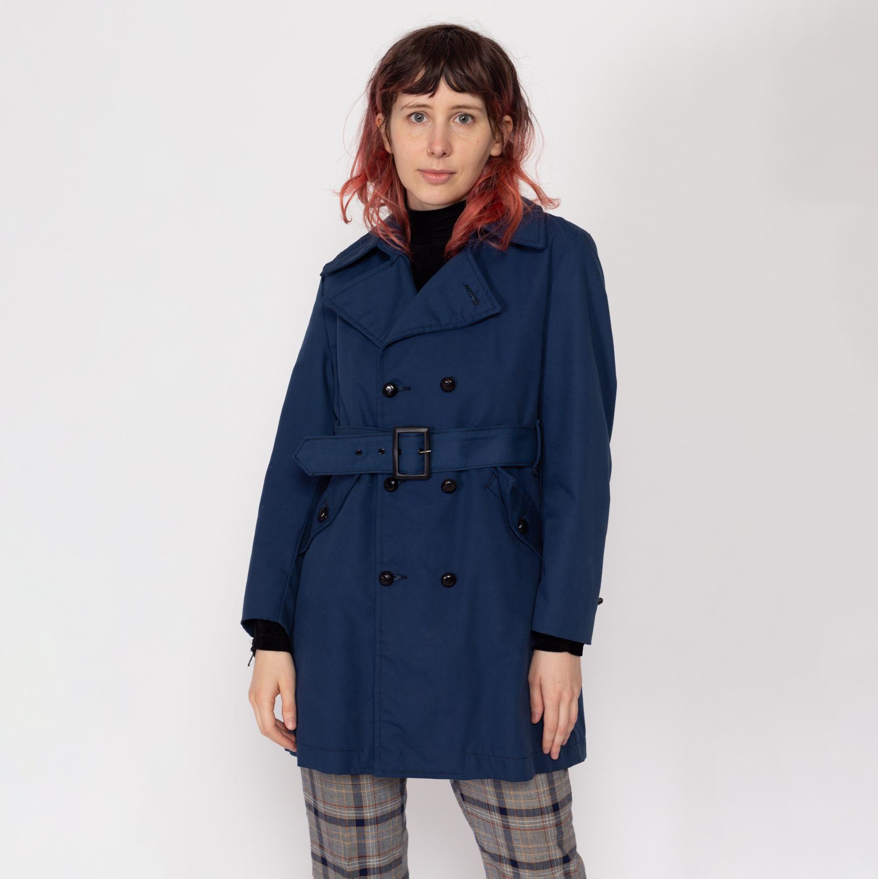 ジャケット・アウター ato DOUBLE BREASTED BELTED COAT Petite XS 70s Mod Navy Blue Belted Jacket | Vintage Retro