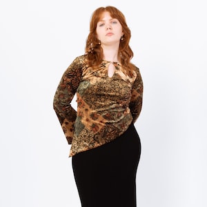 Vintage 90s Velvet Floral Patchwork Print Blouse - Medium to Large | Boho Whimsigoth Bell Sleeve Top, Long Sleeved Keyhole Neck Shirt